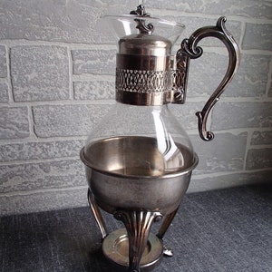 Vintage F.B. Rogers Silver Plated and Glass Coffee/Tea Carafe with Lid and Warming Stand