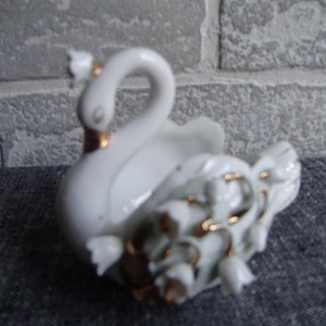 Vintage Lefton Porcelain White Swan with Flowers Trinket Ring Dish