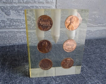 Vintage 1971 Pennies Lucite Pen/Pencil Holder Paperweight