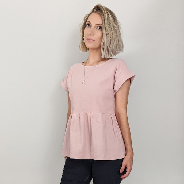 cotton smock top rolled cuff short sleeve womens customisable tencel linen double gauze