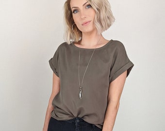 womens tencel top rolled cuff tshirt cap sleeve loose easy fitting customisable long line