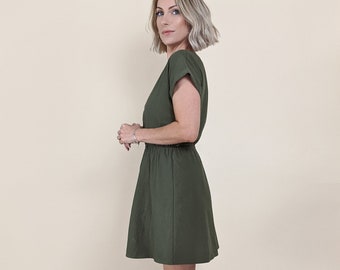 khaki green cotton dress elasticated waist customisable mini knee cap sleeve double gauze linen tencel