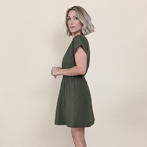 khaki green cotton dress elasticated waist customisable mini knee cap sleeve double gauze linen tencel image 1