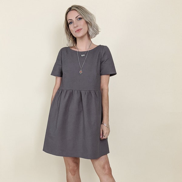 short sleeve linen smock dress loose boho mini midi knee length customisable dress grey