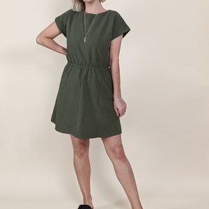 khaki green cotton dress elasticated waist customisable mini knee cap sleeve double gauze linen tencel image 2