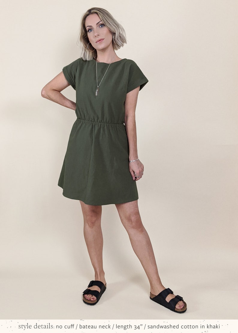 khaki green cotton dress elasticated waist customisable mini knee cap sleeve double gauze linen tencel image 2