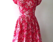 Cap sleeve tea dress in retro style floral print cotton red flowery dress