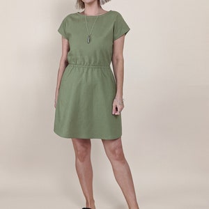 khaki green cotton dress elasticated waist customisable mini knee cap sleeve double gauze linen tencel image 4