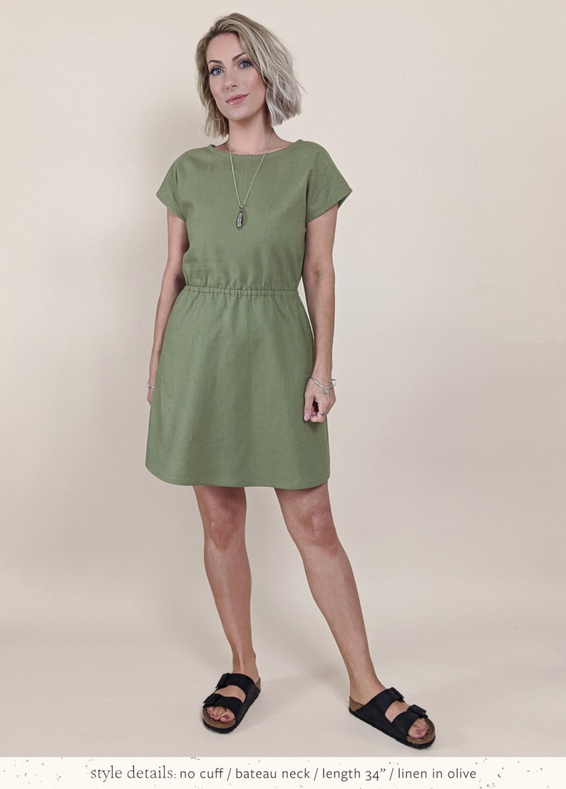 khaki green cotton dress elasticated waist customisable mini knee cap sleeve double gauze linen tencel image 4