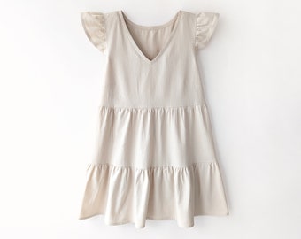 tiered smock dress mini flutter sleeve cotton boho summer sundress linen tencel double gauze