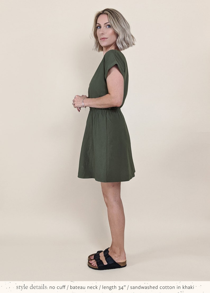 khaki green cotton dress elasticated waist customisable mini knee cap sleeve double gauze linen tencel image 1