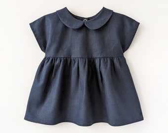 Linen peter pan collar smock top navy blue girls short sleeve custom blouse toddler