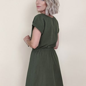 khaki green cotton dress elasticated waist customisable mini knee cap sleeve double gauze linen tencel image 3