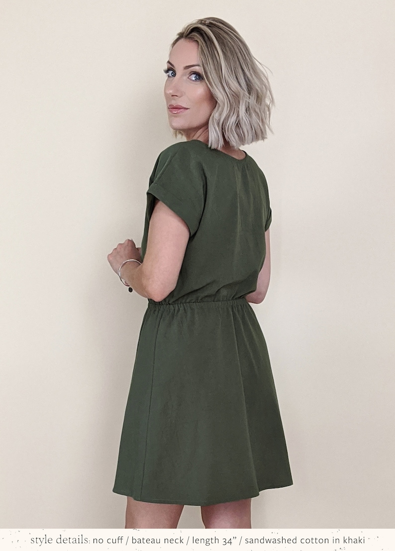 khaki green cotton dress elasticated waist customisable mini knee cap sleeve double gauze linen tencel image 3