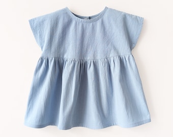 Sky blue cotton smock top girls gathered skirt tshirt style blouse custom