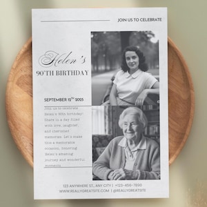 90th Birthday Photo Invitation: Vintage Newspaper Style (Canva Template Digital Download 5x7&quot; )