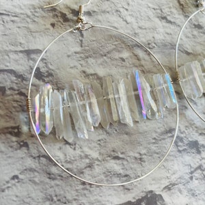 Ethereal Angel Aura Quartz Hoop Earrings - Iridescent Crystal Wedding Jewelry for Boho Brides
