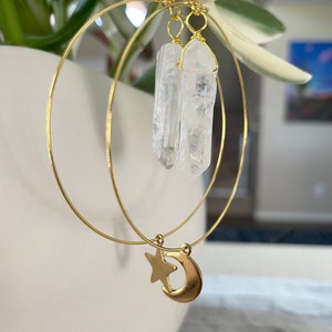 Moon Star Crystal Earrings, Crystal Star Earrings, Healing Crystal, Witchy Earrings, Celestial Jewelry, Crystal Hoop Earrings image 2