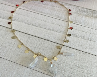 Angel Aura Quartz Crystal Necklace, Dainty Crystal Quartz & Heart Necklace, Gift for Her, Crystal Quartz Necklace, Gold Heart Necklace