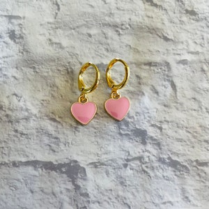 Pink Heart Huggie Hoop Earrings, Pink Heart Earrings, Earthy Love Earrings, Huggie Hoop Earrings, Gold Hoop Earrings, Valentine Earrings image 1