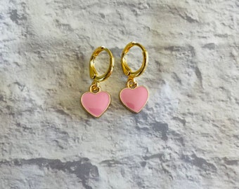 Pink Heart Huggie Hoop Earrings, Pink Heart Earrings, Earthy Love Earrings, Huggie Hoop Earrings, Gold Hoop Earrings, Valentine Earrings