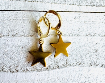 Little Gold Star Earrings, Gold Star Huggie Hoop Earrings
