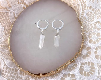 angel aura quartz huggie earrings, silver huggie hoops, crystal hoop earrings, crystal earrings, quartz hoops, angel aura quartz