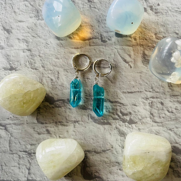 Blue aura quartz huggie earrings, gold huggie hoops, crystal hoop earrings, crystal earrings, quartz hoops, blue aura quartz