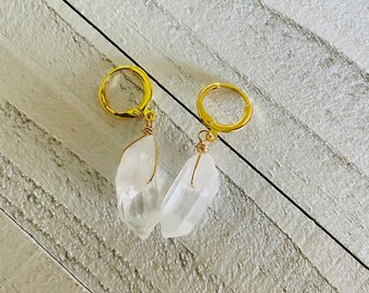 Clear Angel quartz huggie earrings, gold huggie hoops, crystal hoop earrings, crystal earrings, quartz hoops, angel quartz