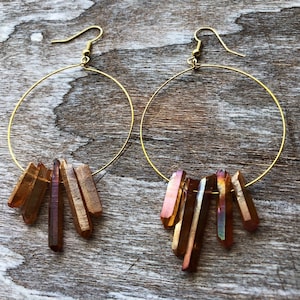 Sunshine Aura Crystal Quartz Earrings, Gold Hoops, Healing Crystal Earrings, Crystal Hoop Earrings, Quartz Hoops, Sunshine Quartz