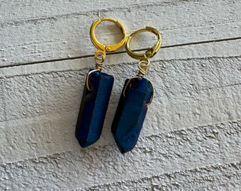 Blue titanium quartz huggie earrings, gold huggie hoops, crystal hoop earrings, crystal earrings, quartz hoops, blue titanium quartz