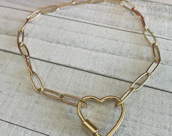 Heart Paperclip Chain Necklace, Heart screw clasp chain link necklace, heart jewelry , gold link necklace, paperclip necklace