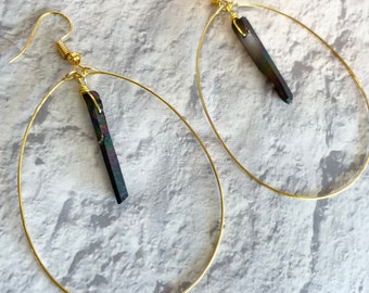 Black Quartz Earrings | Gold Hoops | Crystal Earrings | Healing Crystal Earrings | Crystal Hoop Earrings