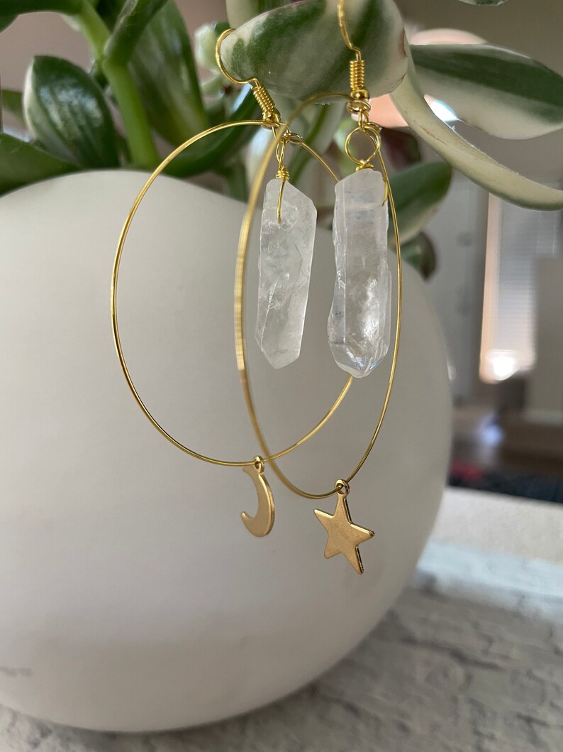 Moon Star Crystal Earrings, Crystal Star Earrings, Healing Crystal, Witchy Earrings, Celestial Jewelry, Crystal Hoop Earrings image 5