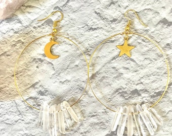 Moon Star Crystal Earrings | Lunar Earrings | Witch Earrings | Angel Quartz Hoop Earrings | Gold Hoops | Gift for Her