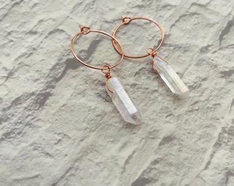 aura quartz rose gold huggie earrings, rose gold huggie hoops, crystal hoop earrings, crystal earrings, quartz hoops, angel aura quartz