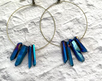 blue druzy quartz | titanium aura quartz | Crystal quartz hoop earrings |