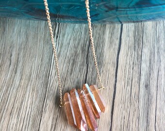 Sunshine aura quartz necklace, dainty gold necklace, summer crystal necklace, orange crystal necklace, gold chain necklace