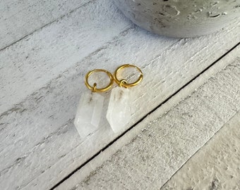 Clear crystal small hoop earrings, raw crystal endless hoop earrings