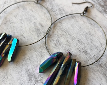 Rainbow Druzy Quartz Earrings, Titanium Aura Quartz Earrings, Crystal Quartz Hoop Earrings