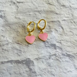 Pink Heart Huggie Hoop Earrings, Pink Heart Earrings, Earthy Love Earrings, Huggie Hoop Earrings, Gold Hoop Earrings, Valentine Earrings image 2