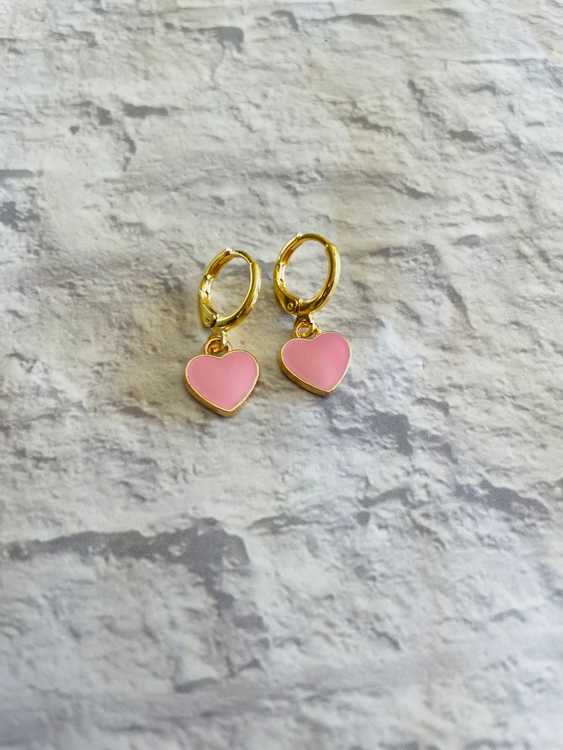 Pink Heart Huggie Hoop Earrings, Pink Heart Earrings, Earthy Love Earrings, Huggie Hoop Earrings, Gold Hoop Earrings, Valentine Earrings image 2