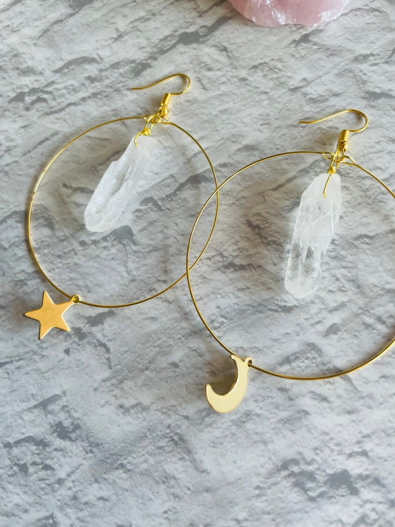 Moon Star Crystal Earrings, Crystal Star Earrings, Healing Crystal, Witchy Earrings, Celestial Jewelry, Crystal Hoop Earrings image 9