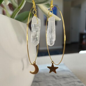 Moon Star Crystal Earrings, Crystal Star Earrings, Healing Crystal, Witchy Earrings, Celestial Jewelry, Crystal Hoop Earrings image 6