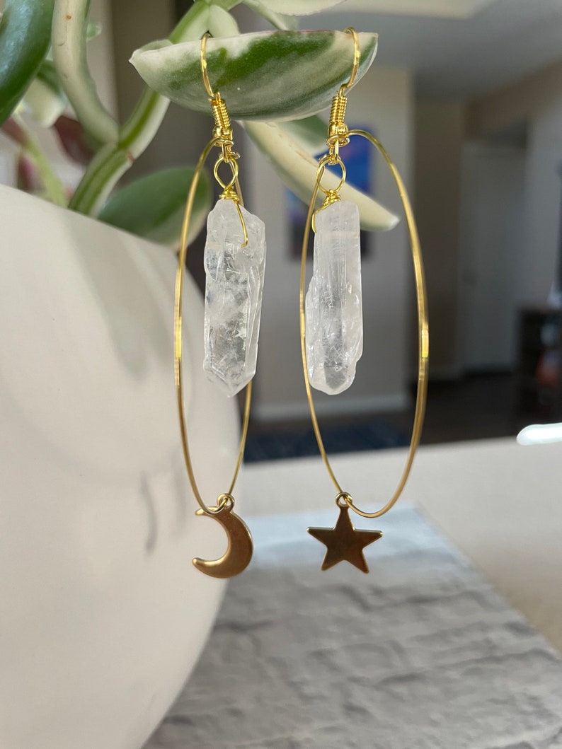 Moon Star Crystal Earrings, Crystal Star Earrings, Healing Crystal, Witchy Earrings, Celestial Jewelry, Crystal Hoop Earrings image 6