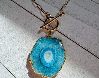 Bold Blue Crystal Gold Paperclip Chain Necklace