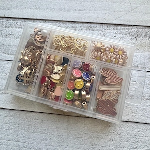 May include: A clear plastic organizer filled with various gold-toned charms, including stars, leaves, and flowers. The organizer also contains colorful smiley face and cactus charms, perfect for jewelry making or crafting projects.