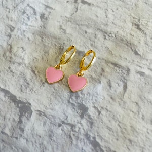 Pink Heart Huggie Hoop Earrings, Pink Heart Earrings, Earthy Love Earrings, Huggie Hoop Earrings, Gold Hoop Earrings, Valentine Earrings image 3