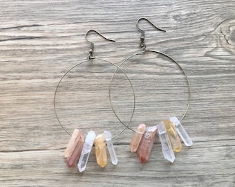 tangerine earrings, orange quartz, crystal quartz earrings hoop, sunshine aura quartz, raw crystal earrings dangle