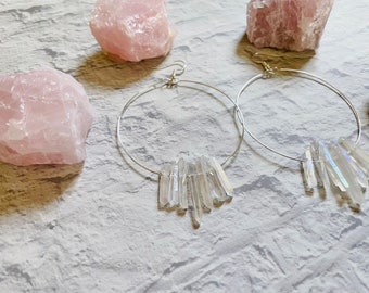 angel aura quartz earrings, crystal hoop earrings, angel aura quartz, Wedding Earrings, Silver Hoops